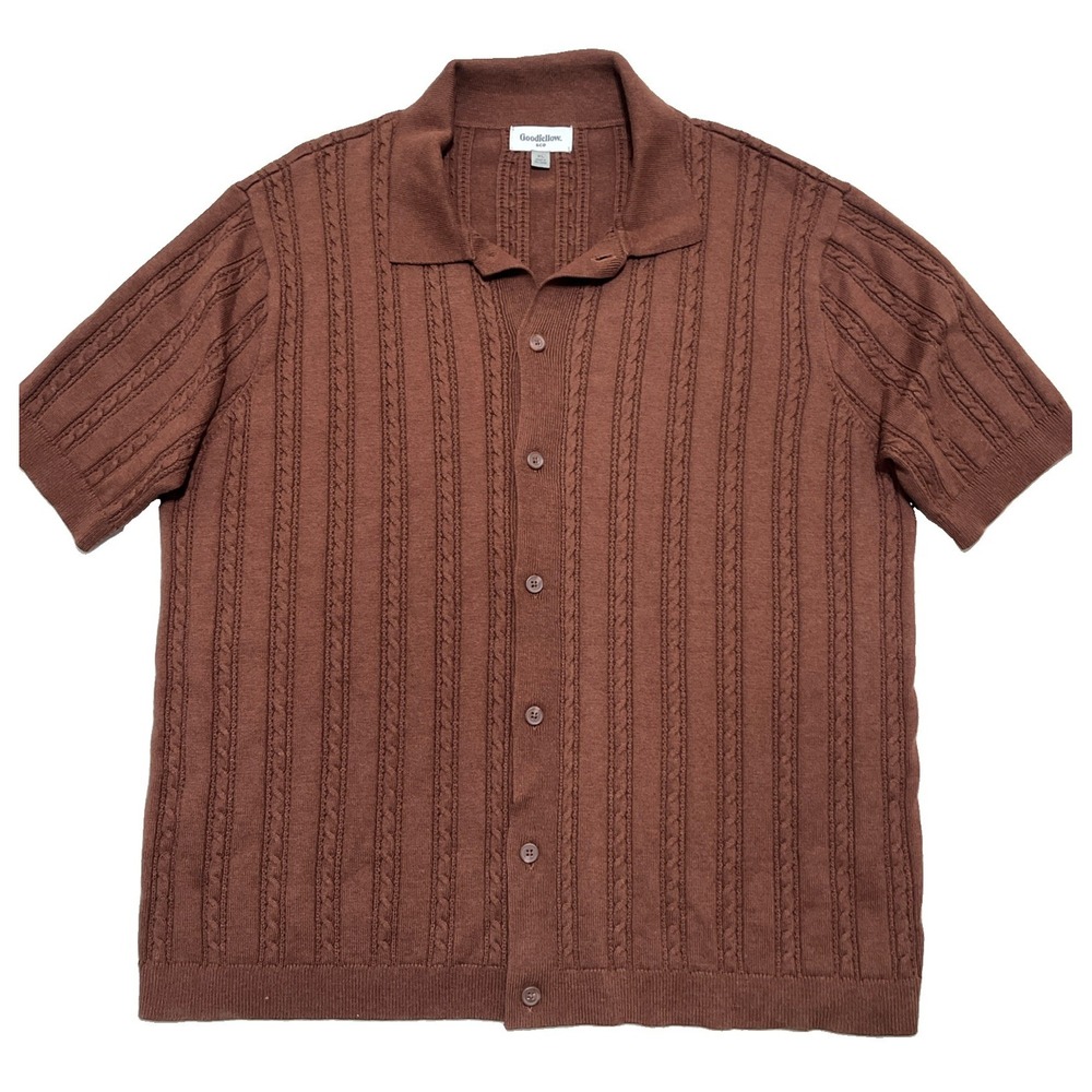 Goodfellow Mens XL Button Front Knit Sweater Polo Short Sleeve Brown Cardigan